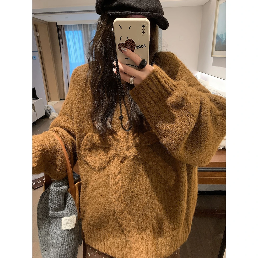 宽松慵懒风棕色提花圆领套头毛衣女秋冬加厚蝴蝶结针织衫上衣女