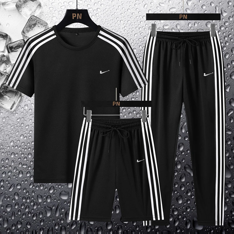 夏季新款男士运动套装男款薄款透气冰丝休闲短袖跑步服两三件套男