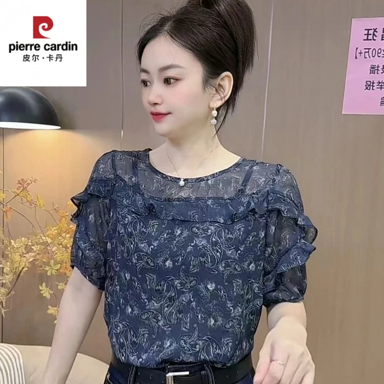 皮尔卡丹2025夏季新款时尚洋气百搭简约显瘦短袖衬衫拼接印花上衣