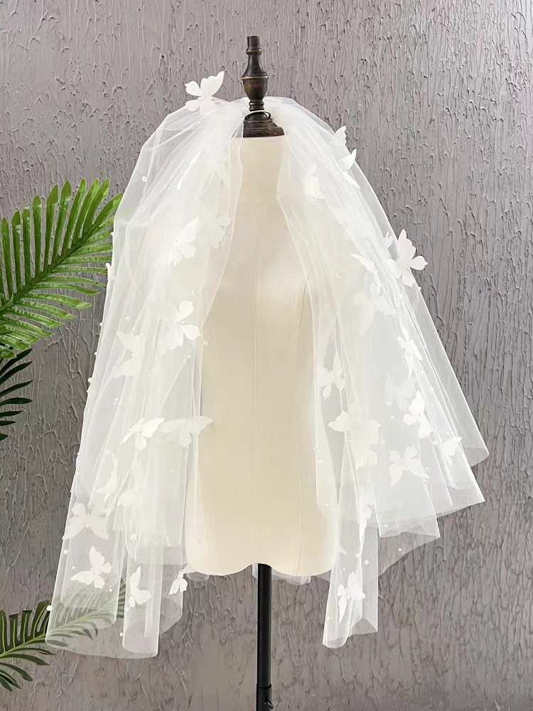 头纱新娘短款蝴蝶结超仙结婚主婚纱头饰白色森系订婚求婚YN004