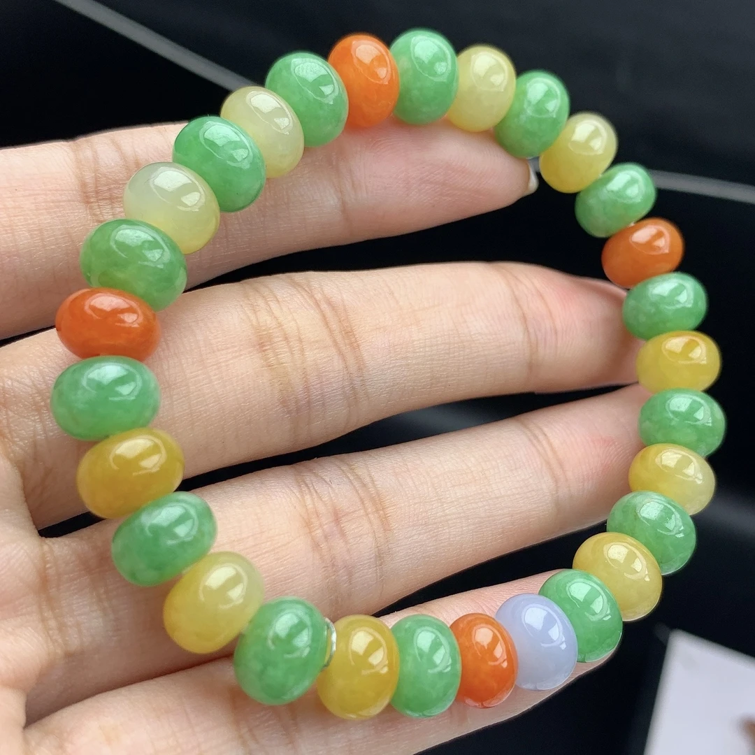 缅甸A货翡翠黄加绿多宝算盘珠鼓珠手链手串单圈T卡8+mm