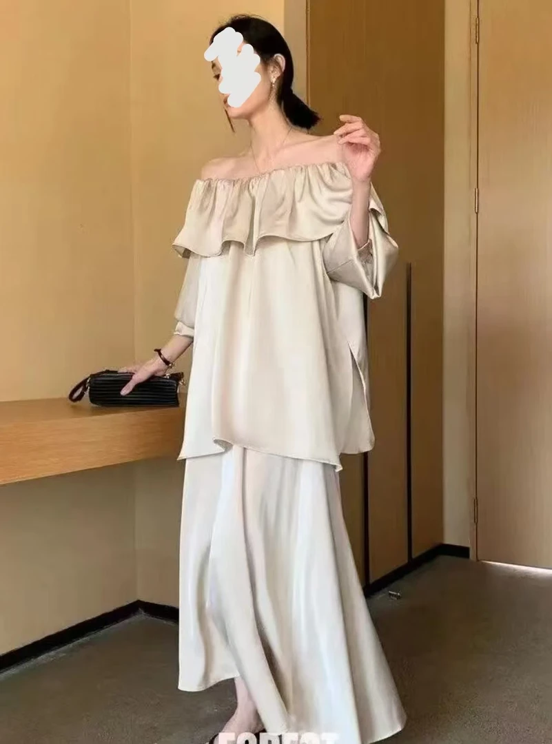 公主 新款一字领荷叶上衣衬衫显瘦半身长裙显瘦遮肉套装9185