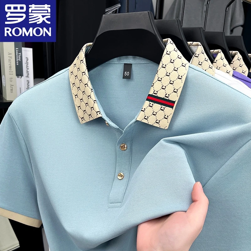 罗蒙轻奢高级翻领POLO夏季新款短袖商务宽松休闲蚕丝polo衫男款