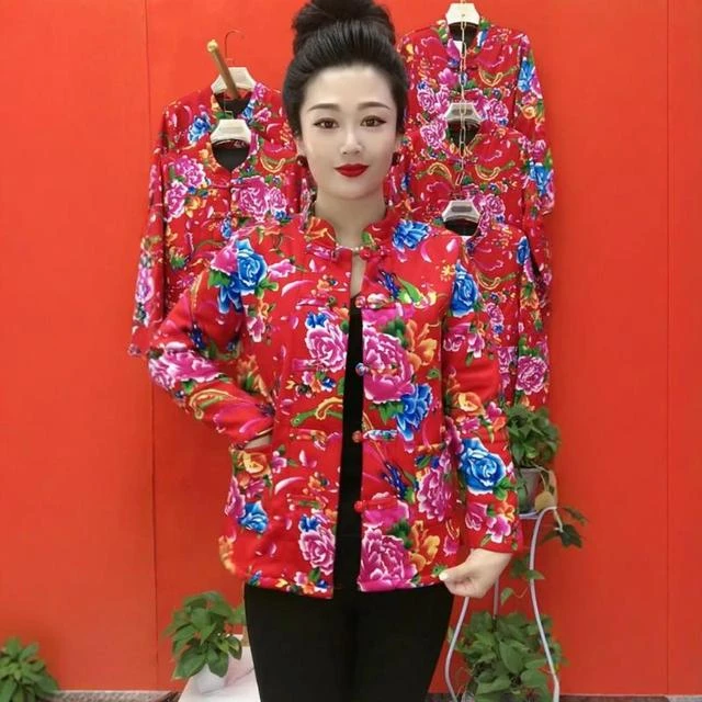 秋冬款不定位东北大花短外套中老年宽松遮肚洋气加绒加厚保暖上衣