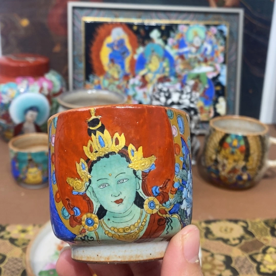 手工手绘绿度母茶杯