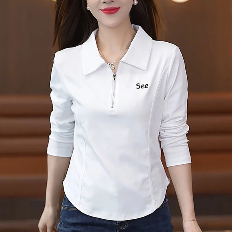 时尚百搭长袖T恤女春秋新款洋气减龄休闲显瘦舒适POLO衫翻领上衣