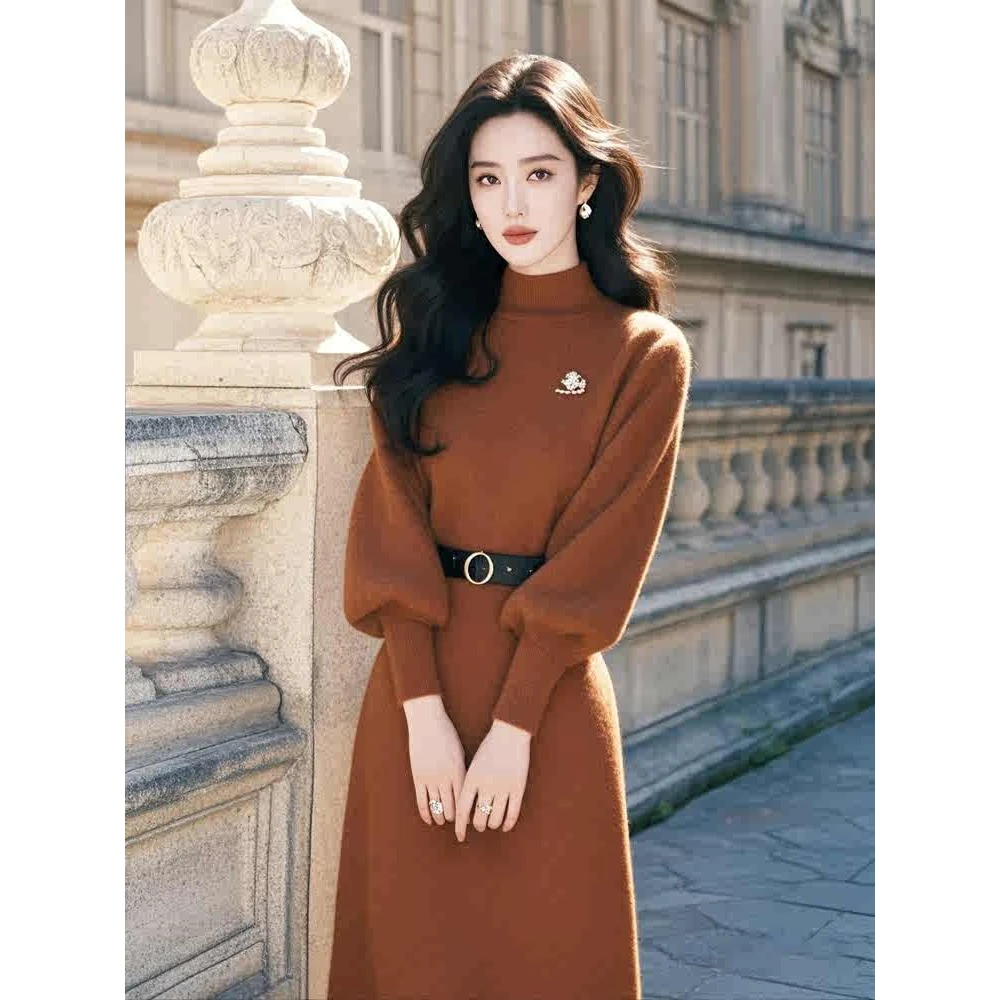 法式气质名媛高端女神范高级感富家千金咖色针织内搭连衣裙子秋冬