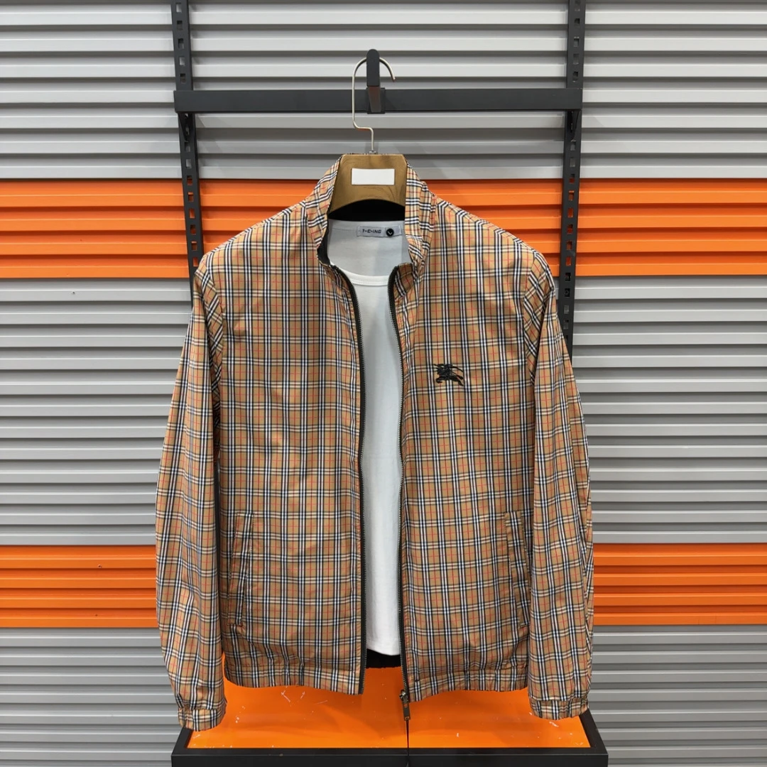 春季新款2313男士休闲时尚百搭轻奢立领拉链格子夹克上衣外套