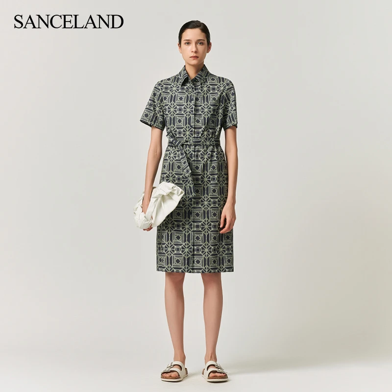 SANCELAND三石一澜夏纯棉短袖衬衣领印花连衣裙附腰带SI24101041