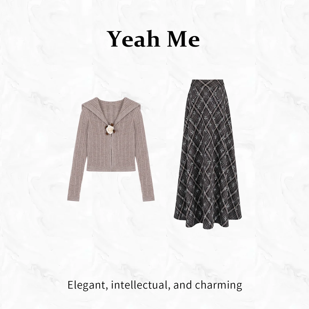 Yeah Me/也觅【孤独迷踪】秋季新款复古风简约温柔气质半身裙两件套