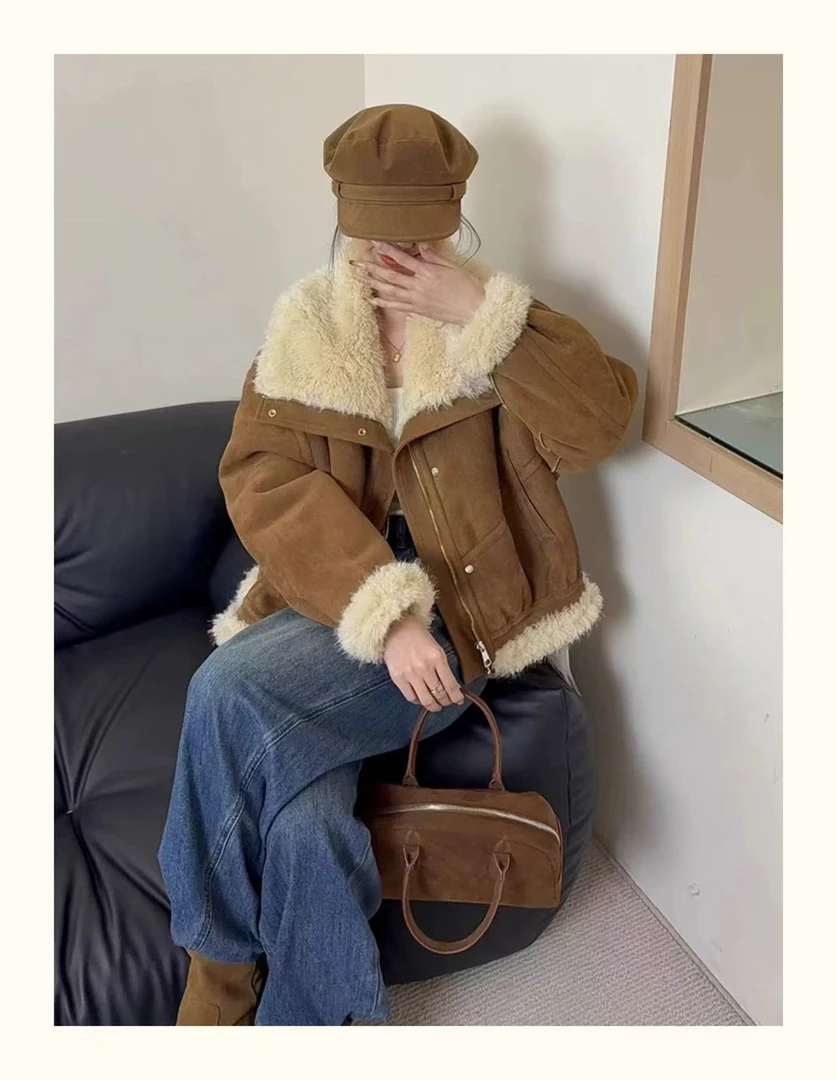 拉链短款保暖女款女装韩版休闲女士百搭机车服外套皮毛一体女外套