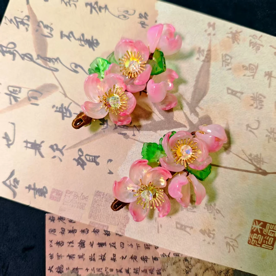 【云鬓花颜阁琉璃发夹】粉棠花辞对夹新中式汉服饰品古风发饰B305