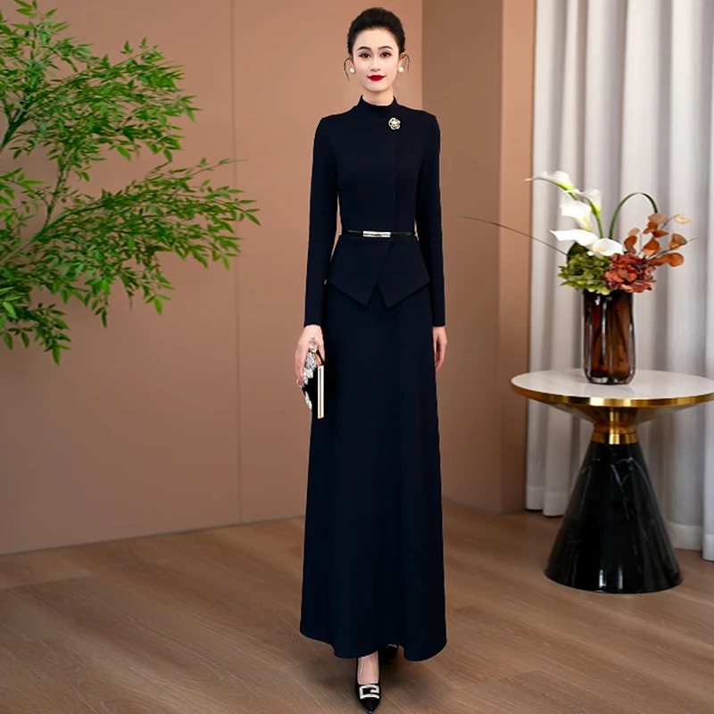 藏蓝色冬季加厚女连衣裙2025年流行巨好看修身显瘦正式场合长裙97