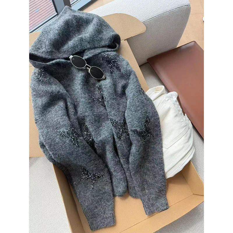 丹姐家~慵懒高级感小亮片连帽针织衫