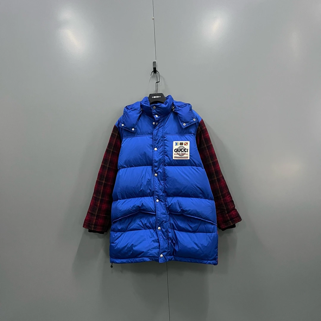 99新 GUCCI/古驰 (ll) 拼接撞色格纹羽绒服 46码/017629