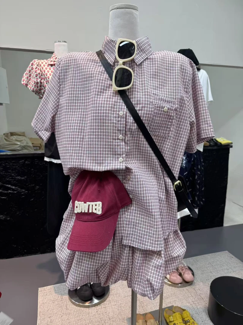 NICE圈圈、小格纹POLO领衬衫+花苞松紧腰半裙套装A