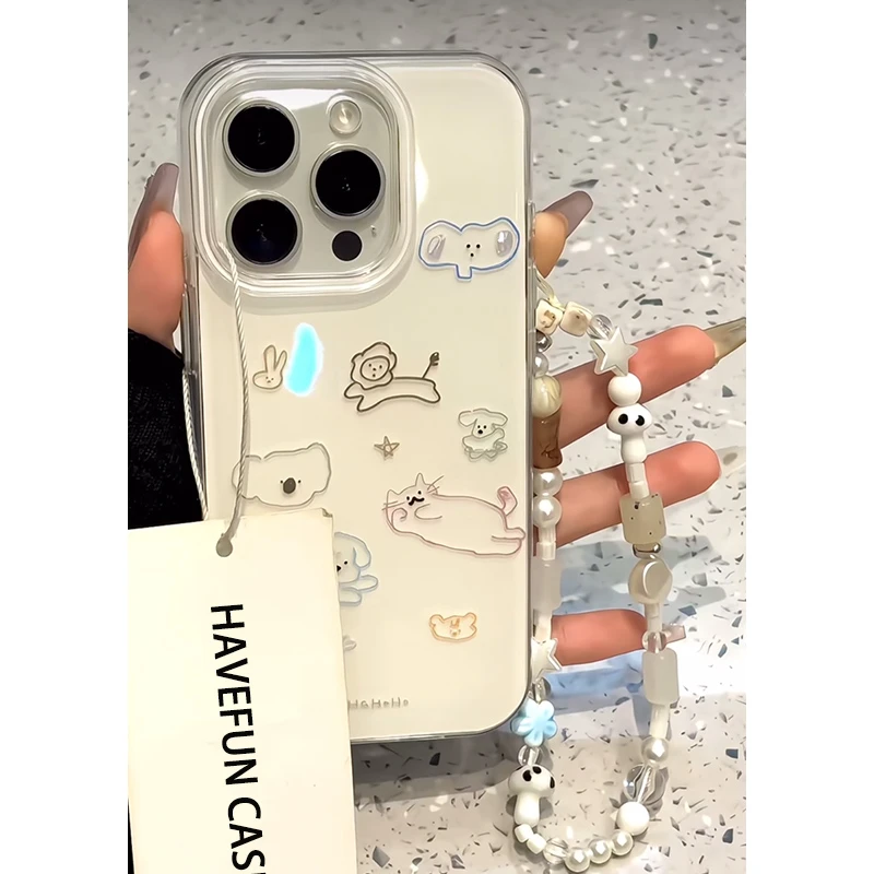 彩色线条猫咪适用苹果13/16手机壳iPhone15链条华为vivo小米oppo