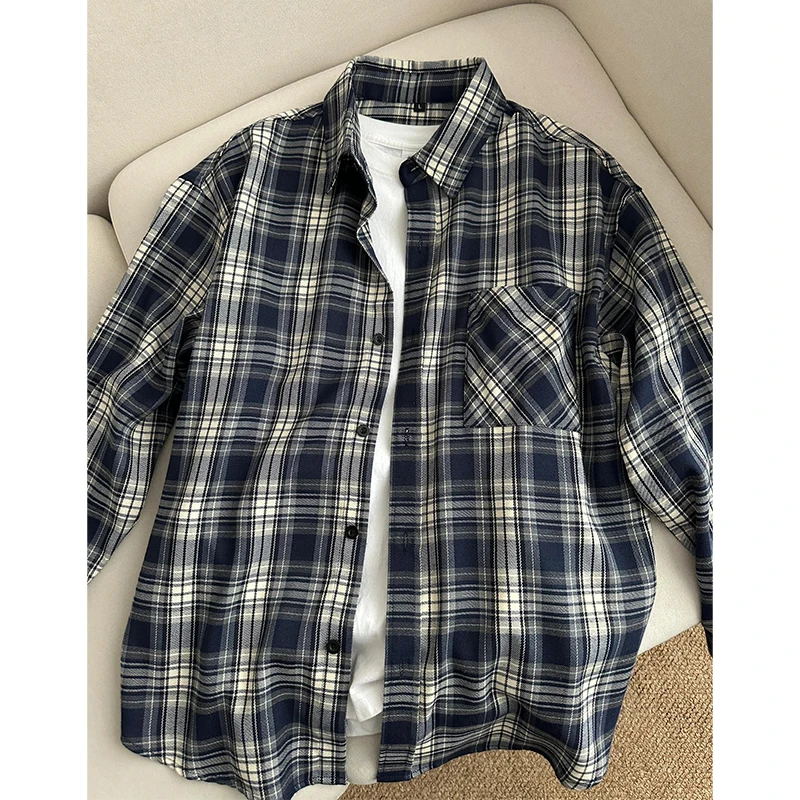 日系复古藏青色格子衬衫男款春季美式格纹长袖高级感衬衣情侣外套