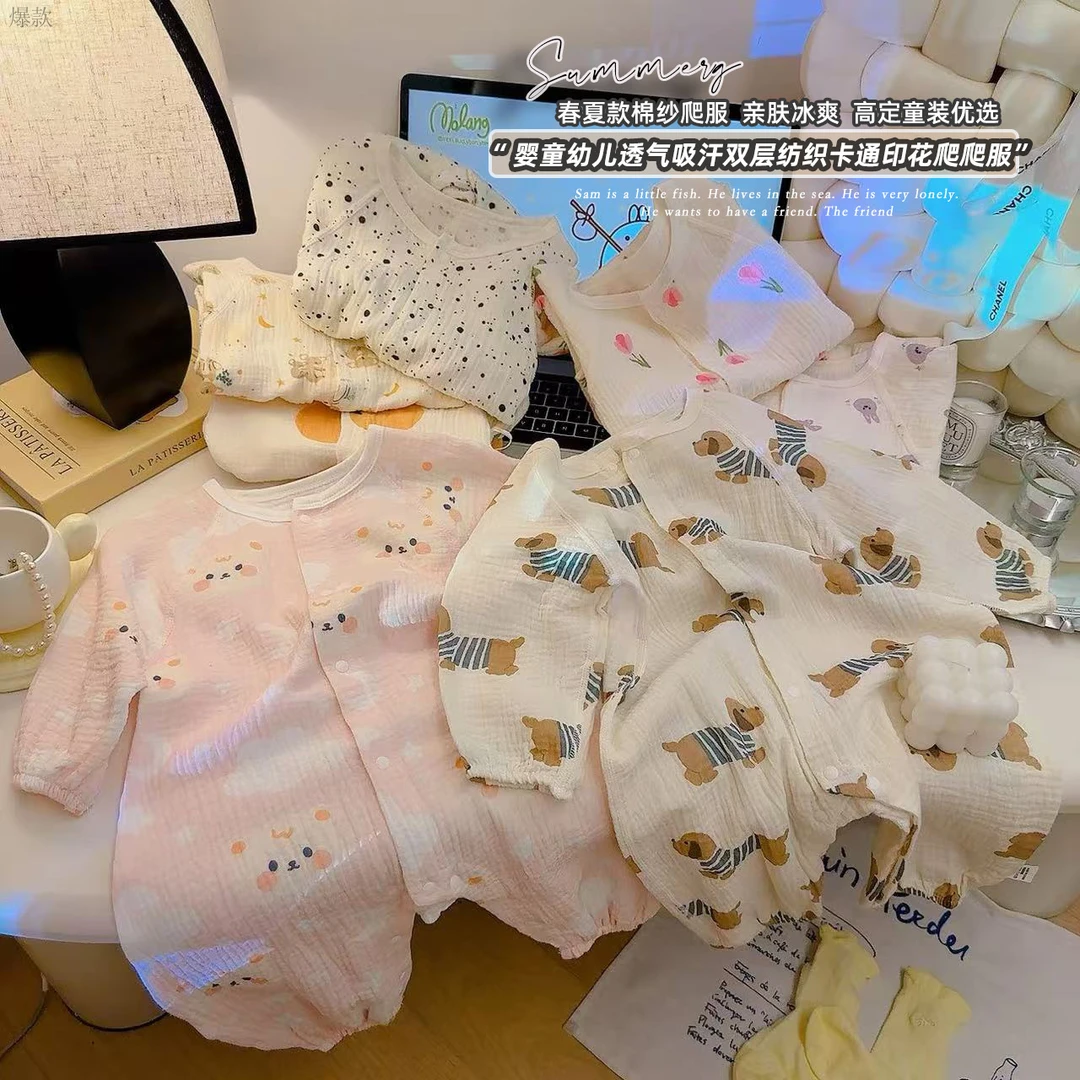 夏季新生儿薄款长袖夏款空调哈衣无骨棉质连体儿童连体衣夏季薄款