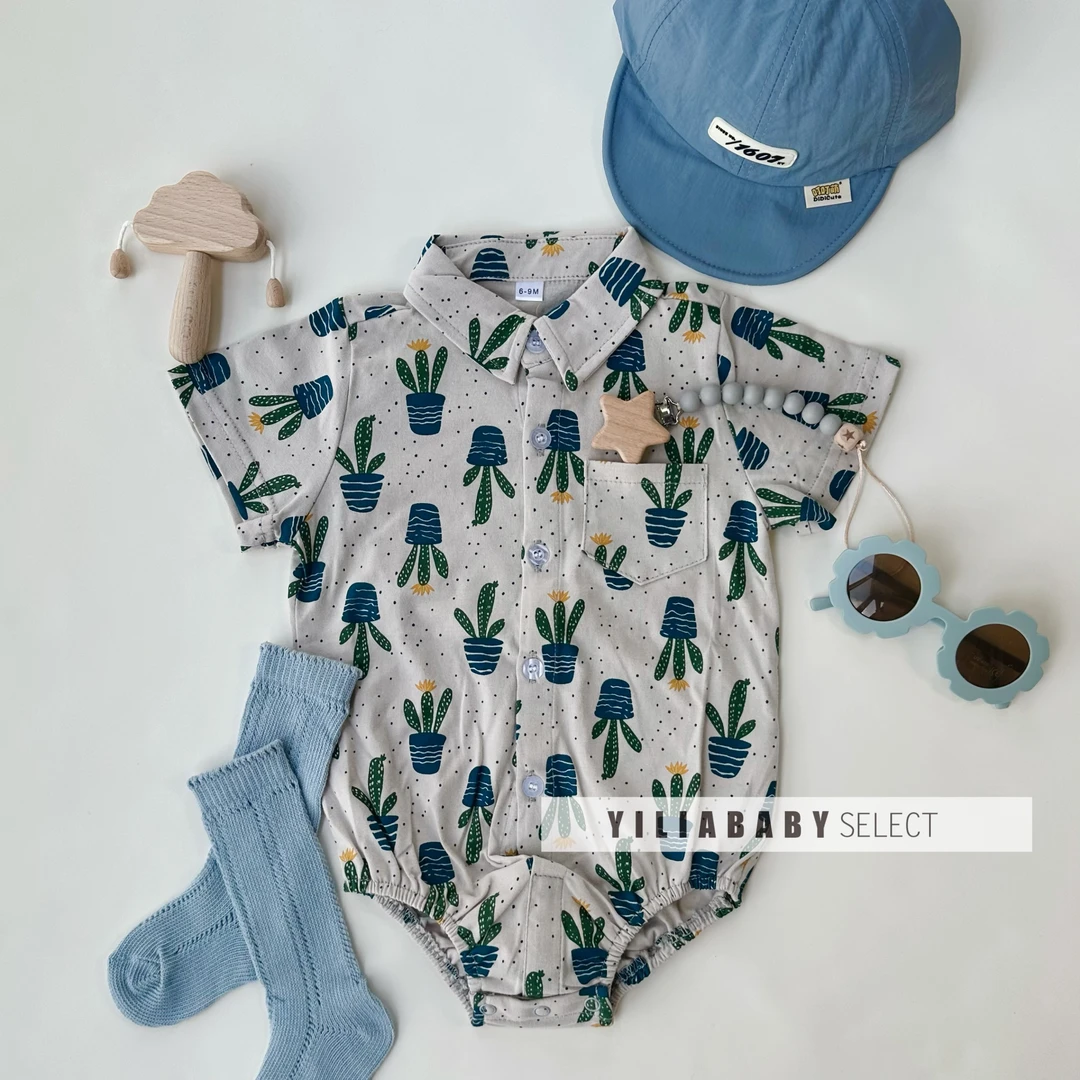 YiliaBaby*Ins潮酷感男宝宝夏季小翻领短袖包屁衣｜仙人掌王子