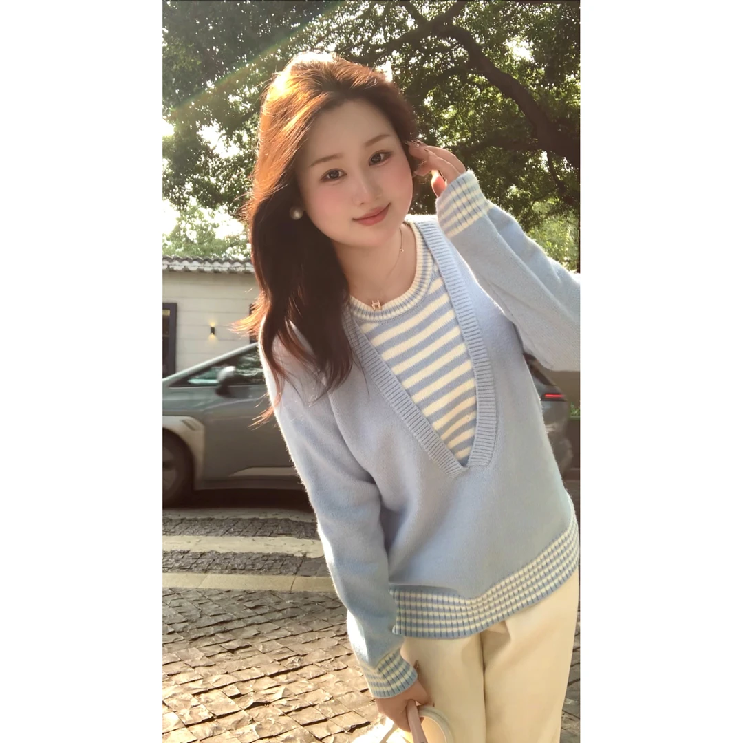 可露露~胖mm假两件条纹撞色针织衫女2025秋冬新款显瘦毛衣6794