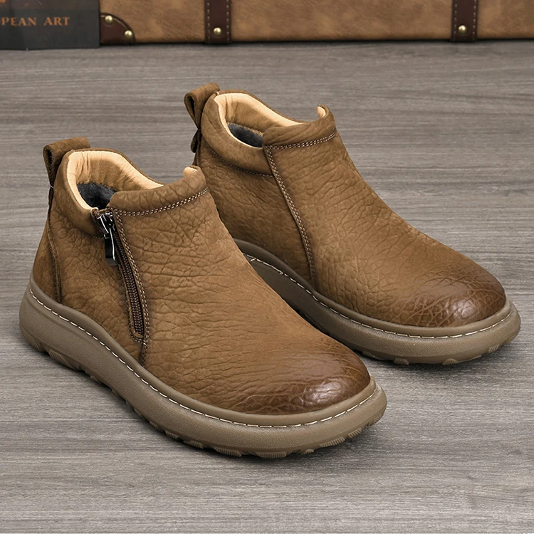 头层牛皮男士短靴真皮休闲鞋秋冬款复古透气侧拉链加绒保暖男鞋