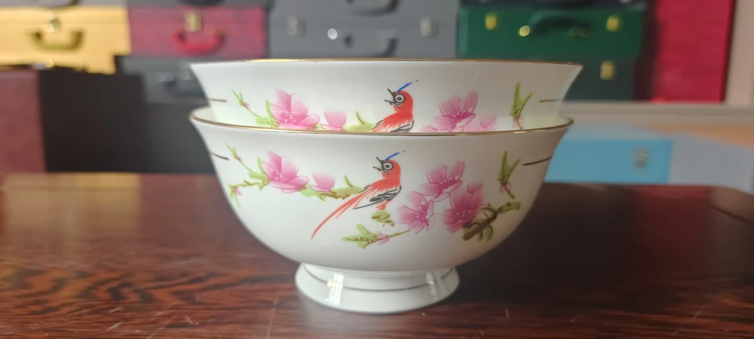 水点桃花薄胎6.5英寸描金高脚碗