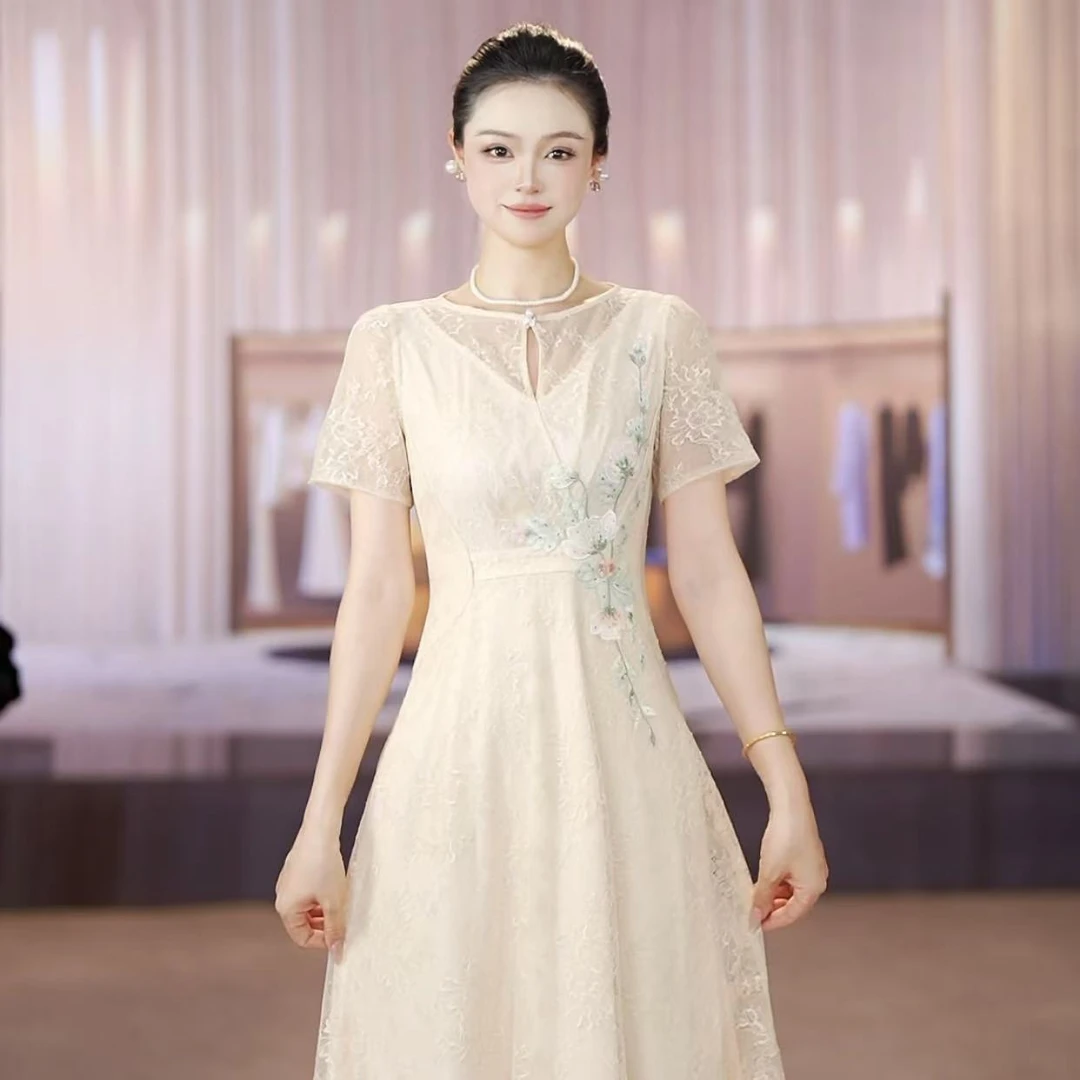 SUSSI/古色【沁雪茉莉】夏季蕾丝刺绣高级感绣花中国风立领连衣裙