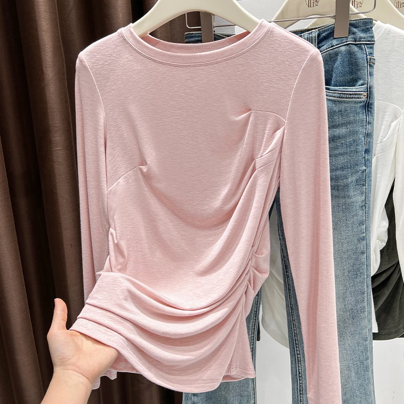 粉色圆领正肩薄款长袖打底衫秋季爆款设计感褶皱洋气T恤内搭上衣