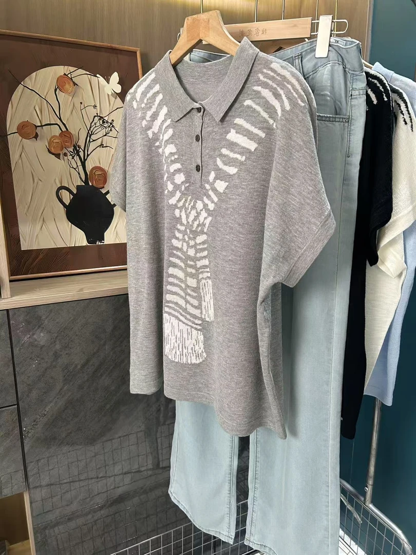 韩系设计感围巾提花短袖女士夏季薄款POLO领撞色100竹节麻T恤557