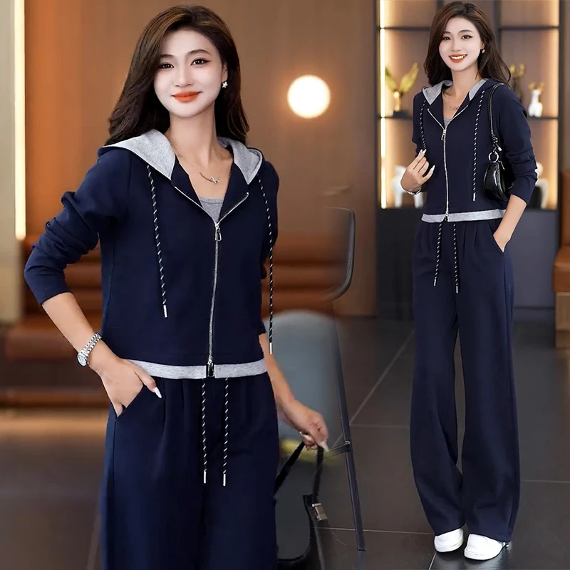 休闲运动套装女2025秋季新款洋气显瘦拼接连帽卫衣阔腿裤两件套潮