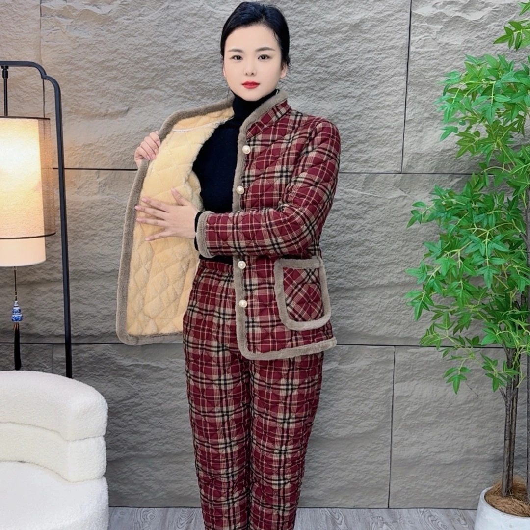 冬季新款妈妈装加绒加厚棉衣新中式格子时尚棉袄外套