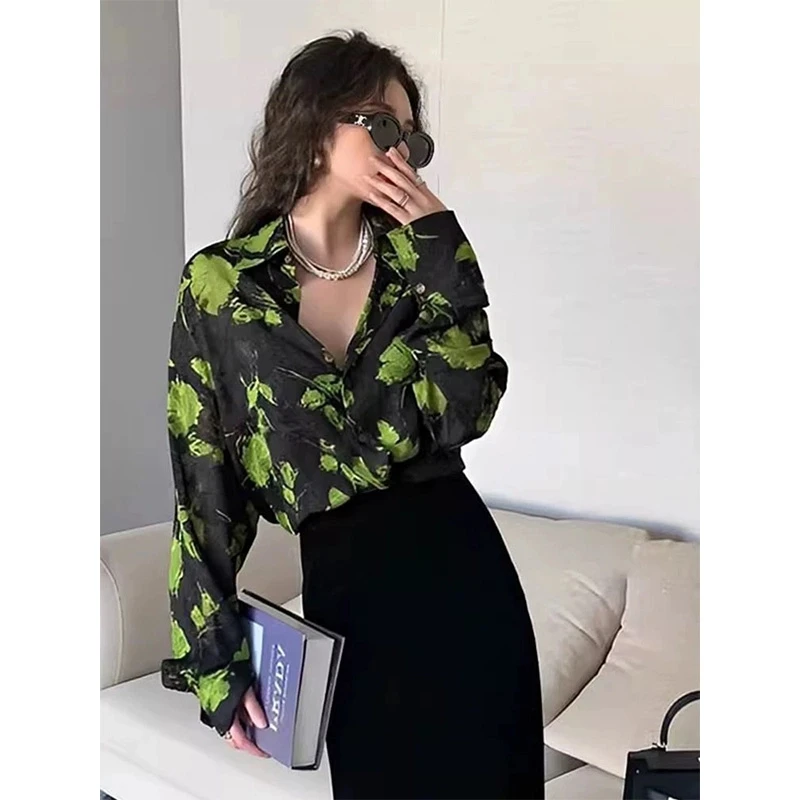 DN/2025法式复古宽松黑色碎花衬衫女春夏港风气质上衣小众别致