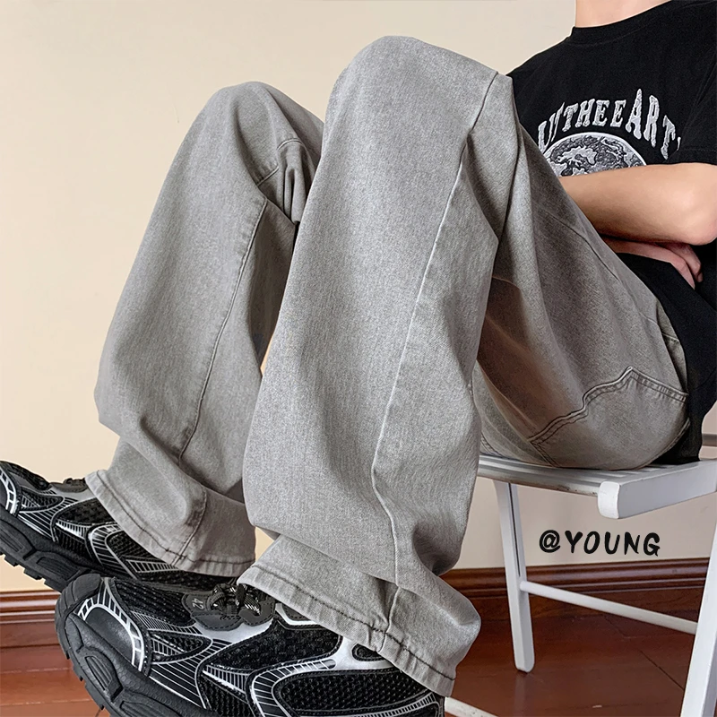 美式复古高弹宽松牛仔裤微喇裤舒适百搭夏季爆款水洗中腰牛仔裤子