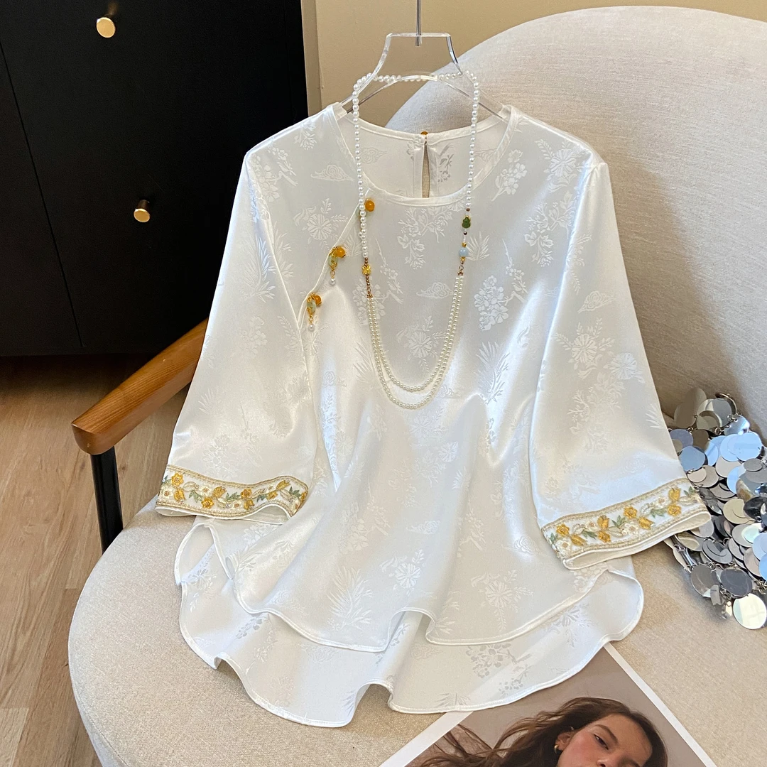 2025新款夏季复古新中式醋酸段提花气质国风大码休闲洋气衬衫上衣