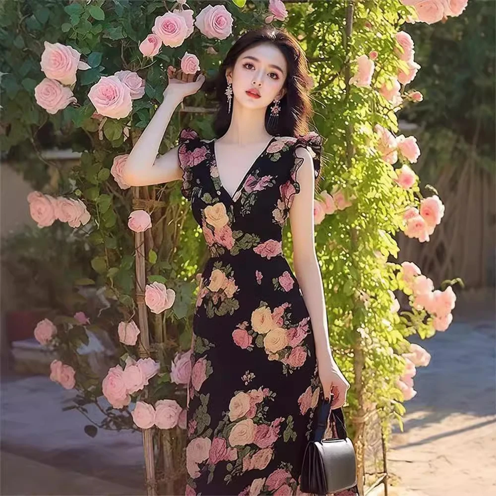 法式端庄大气别致绝美长裙高级感御姐风碎花裙女v领连衣裙子女夏