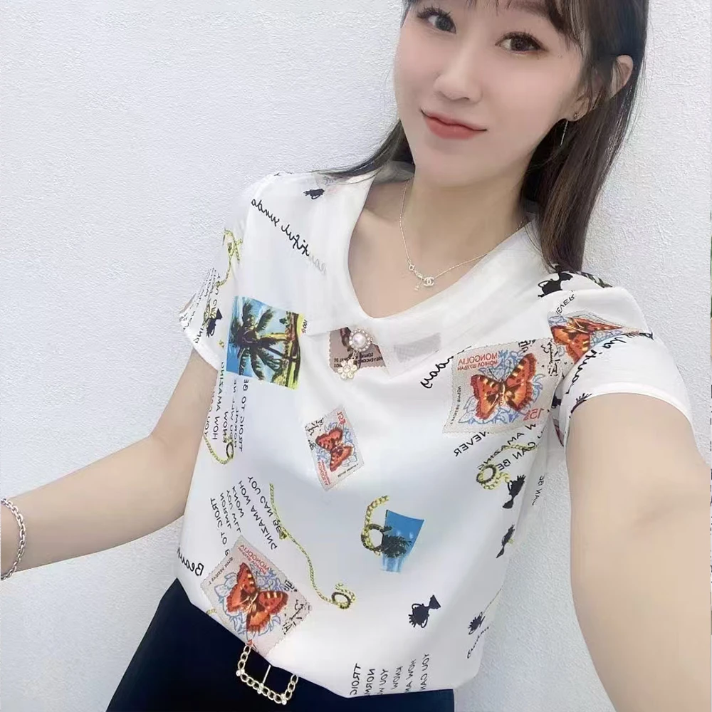 夏季新款时尚百搭小衫洋气上衣宽松显瘦舒适凉快透气印花短袖T恤