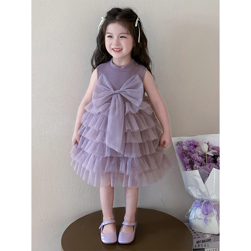 夏”紫雾丁香”女童无袖大蝴蝶结网纱蛋糕连衣裙dy963