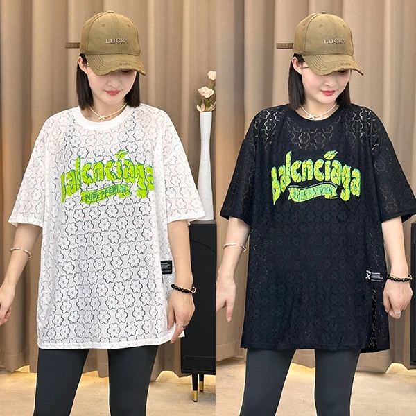 夏季新款设计感花朵镂空网纱字母印花T恤洋气时尚百搭休闲上衣