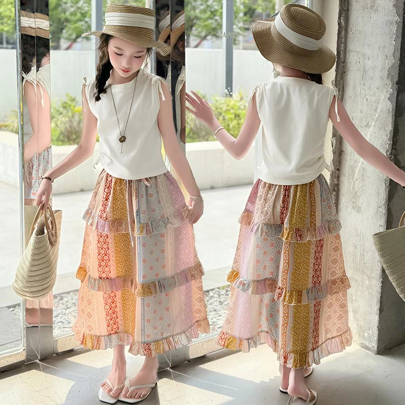 波西米亚套装儿童碎花女童洋气时尚夏季女孩中大童
