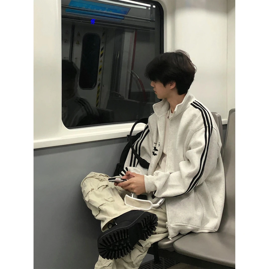 美式创意简约小猫印花三条杠开衫拉链卫衣男女秋冬季立领情侣外套