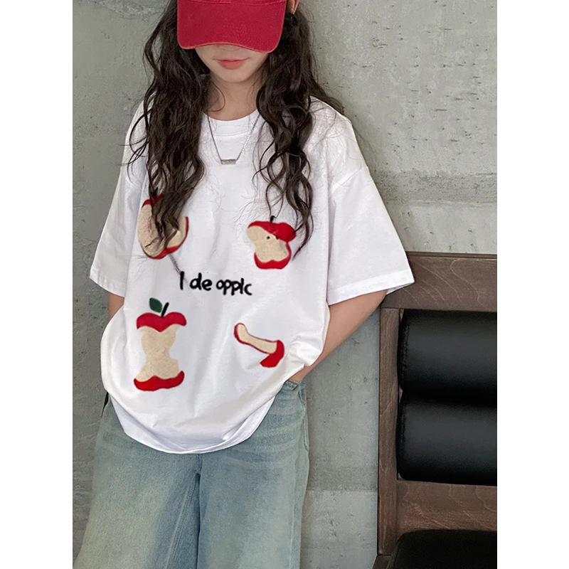 K28058毛巾绣女童短袖T恤夏装2025新款儿童时尚上衣半袖大童春夏t