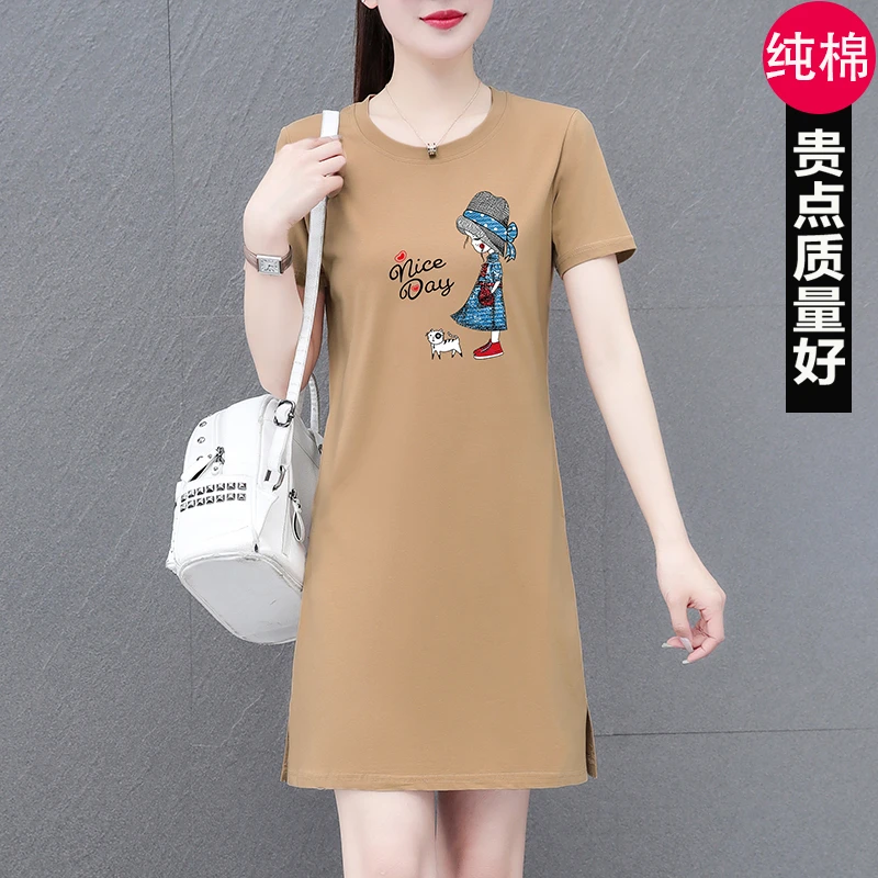 高档纯棉中长款t恤连衣裙女2025夏季新款睡裙宽松显瘦中年妈妈装