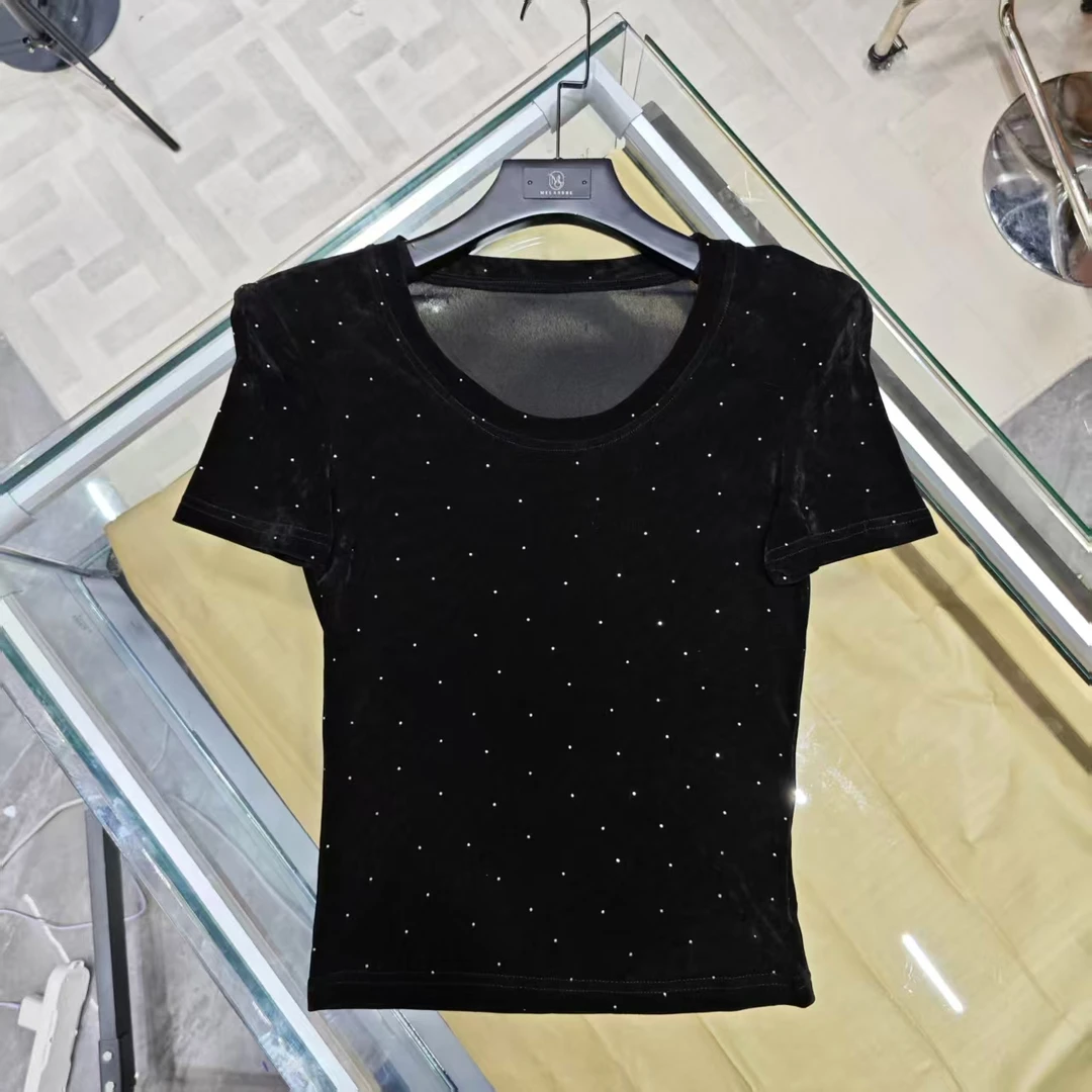 纯色U型领镶钻烫钻T恤夏季修身春夏