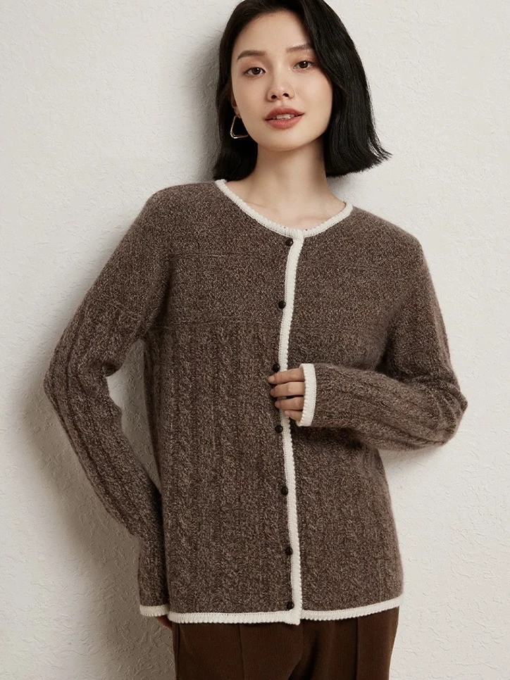 花牙边扭花针织开衫女装圆领撞色洋气减龄长袖毛衣外套上衣9566