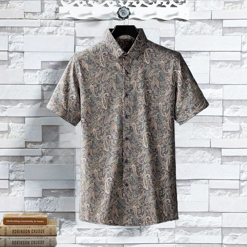 男款短袖新款夏季免烫腰果花衬衫宽松衬衣百搭上衣复古休闲大码