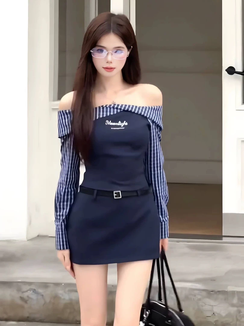 2025早秋辣妹性感格子拼接设计感气质蓝色露肩上衣显瘦半裙两件套