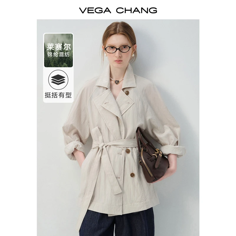 VEGA CHANG风衣外套女2025年新款秋季翻领系带收腰短款上衣0134JJ
