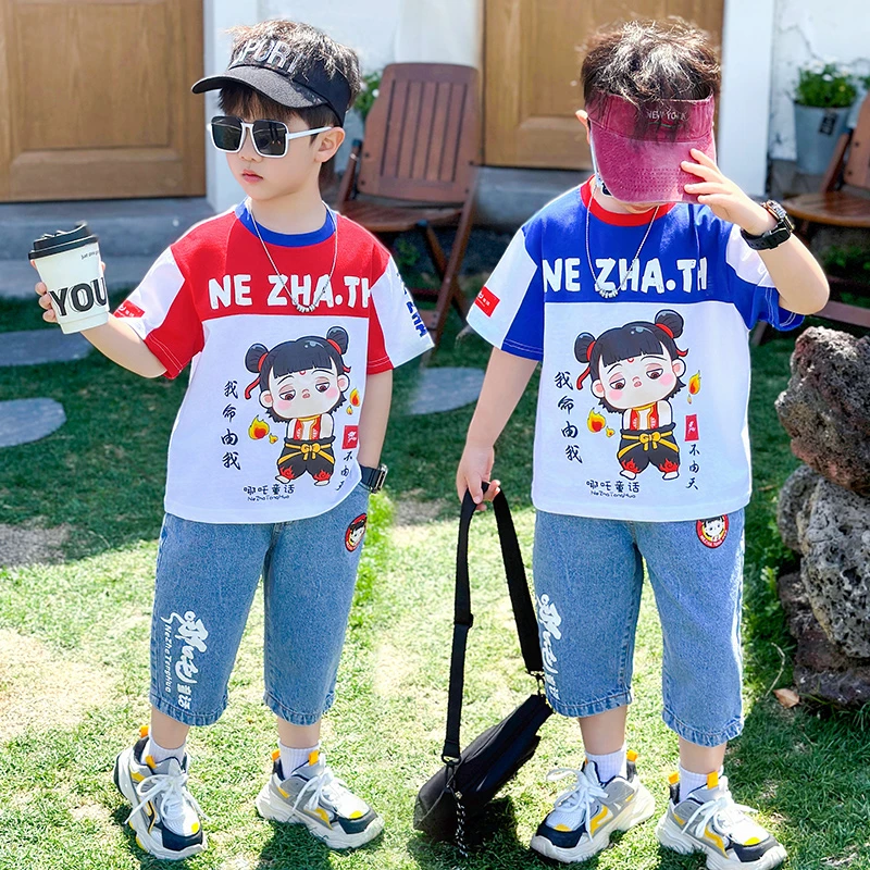 哪吒衣服男童夏季套装2025新款卡通宝宝痞帅潮酷闪灯两件套潮