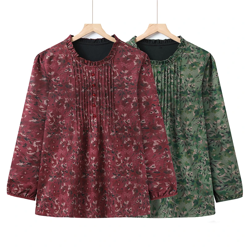 100-240斤春季新款时尚百搭花边领碎花中长款妈妈装上衣衬衫圆领